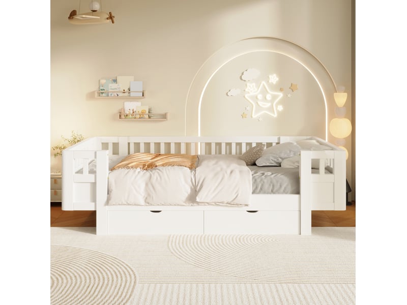  Lit enfant modenvie 90 x 200 cm avec barrière de protection et 2 tiroirs de rangement, blanc  - Conforama E