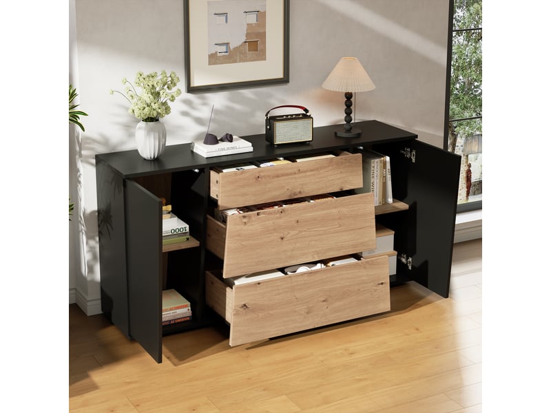 Buffet bas 140x35x70 cm avec 2 portes, 3 tiroirs, étagères réglables, sans poignées, noir et effet bois naturel, pour cuisine et salon  - Conforama D
