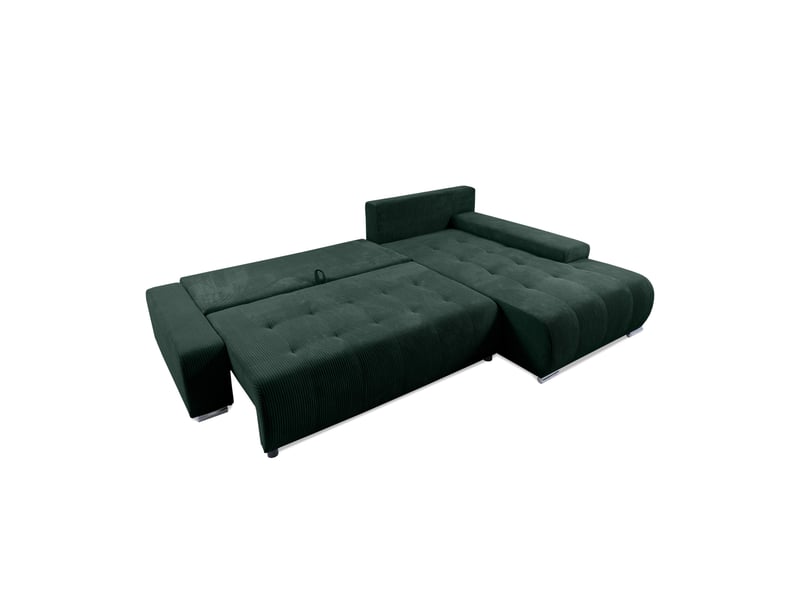  Canapé d'angle convertible velutti l velours côtelé poso vert, méridienne gauche avec coffre  - Conforama C