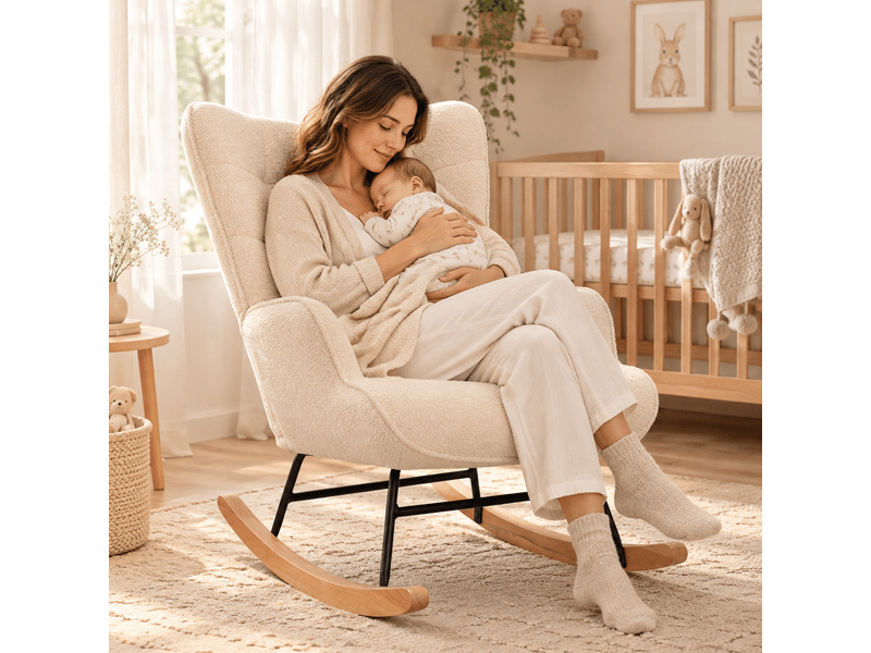  Chaise à bascule, fauteuil a bascule avec polaire sherpa, allaitement fauteuil pour salon, chambre, balcon, beige  - Conforama B
