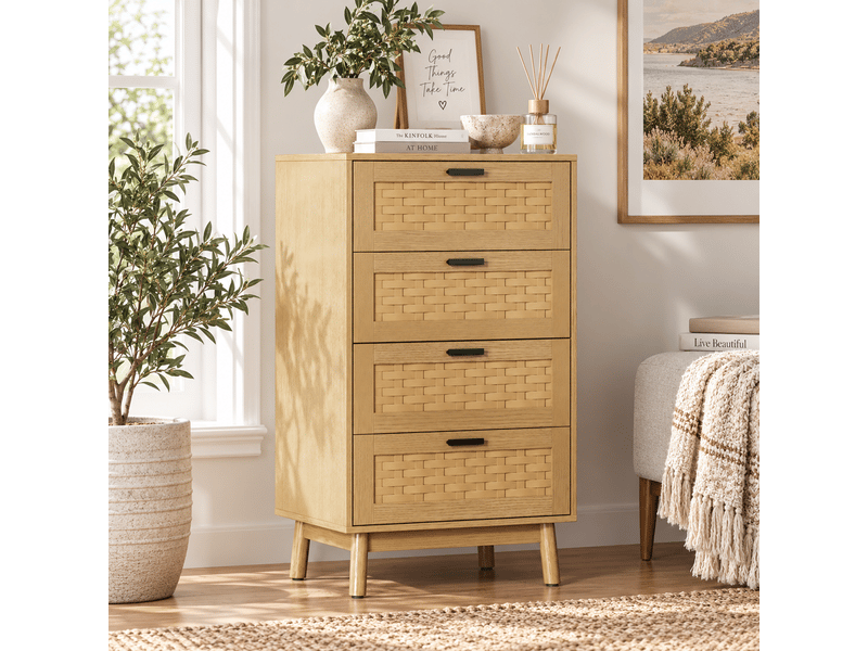  Commode en bois et rotin avec 4 tiroirs, meuble de rangement cannage scandinave, 55x40x95 cm  - Conforama B