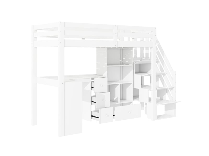  Lit mezzanine avec bureau et rangements, blanc, 90x200 cm，sans matelas  - Conforama E