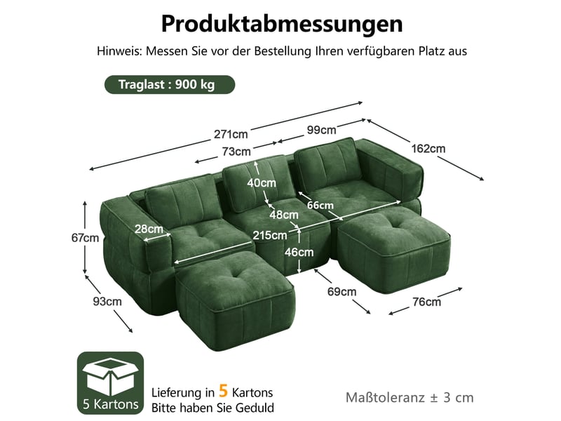 Canapé modulable en u 3 places avec 2 poufs, en polyester vert  - Conforama C