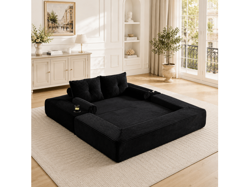  Canapé convertible 2 places avec poches latérales, porte-gobelet et coussins à mémoire de forme en velours côtelé noir  - Conforama B