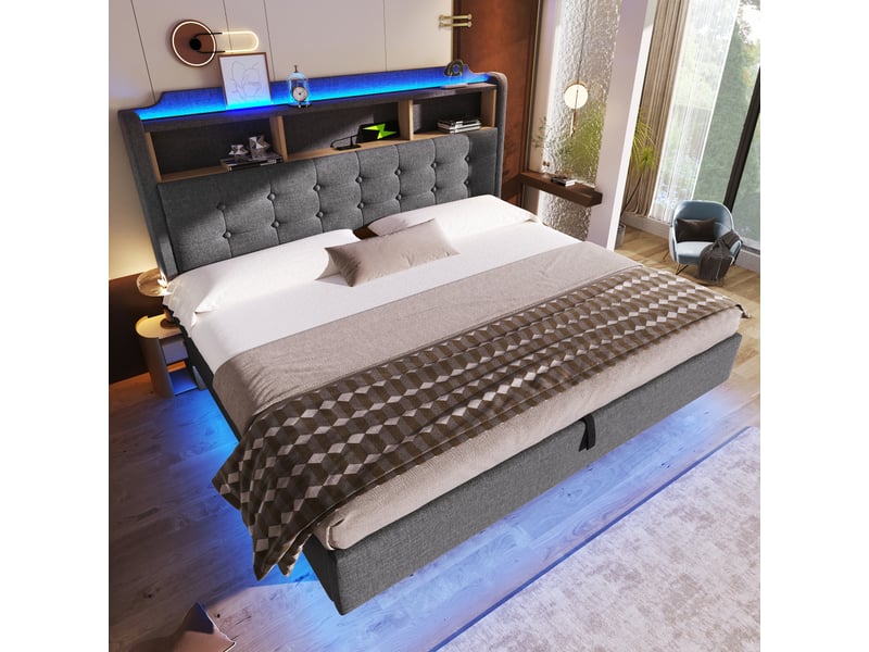  Lit capitonné, 180 × 200 cm, avec bande lumineuse led, rangement hydraulique, compartiments de rangement, design suspendu, matelas non inclus, ports usb et type-c, revêtement en lin  - Conforama B