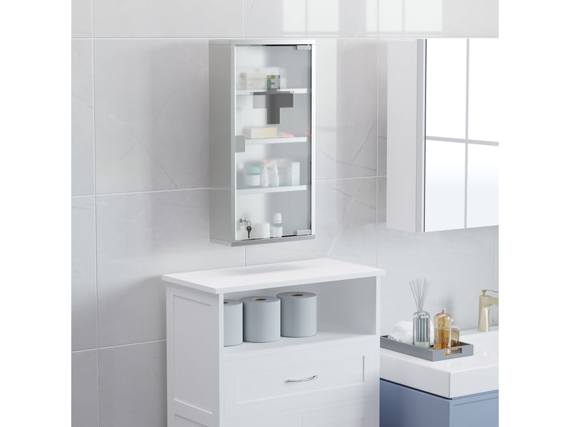  Armoire à pharmacie en acier inoxydable, verrouillable, à 4 compartiments et porte vitrée, 30 x 12 x 60 cm  - Conforama C