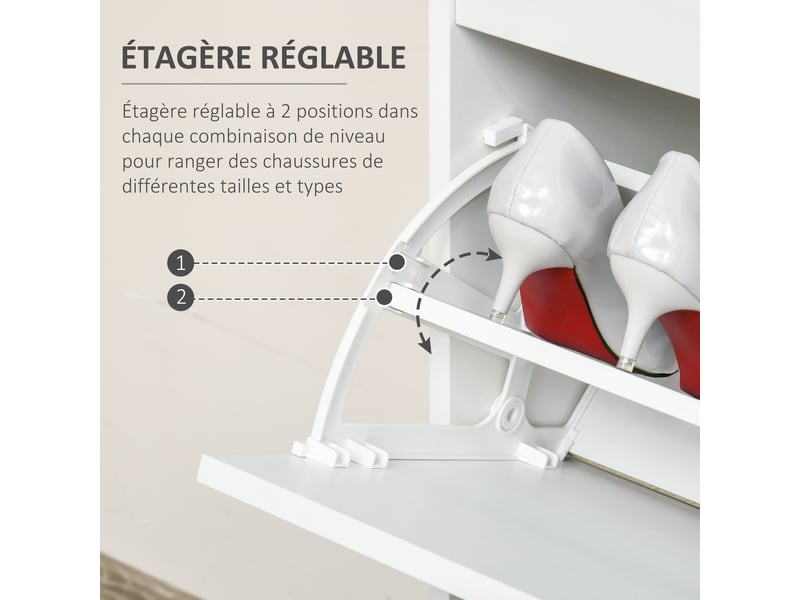  Armoire à chaussures meuble à chaussures rangement dim. 98l x 24l x 83h cm 4 portes abattantes double niveau mdf blanc  - Conforama E