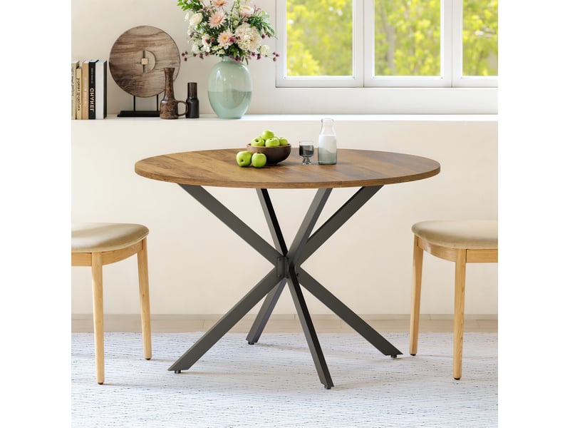  Table à manger ronde 120 cm – marron et noir – pieds en x stables et surface facile à entretenir  - Conforama B