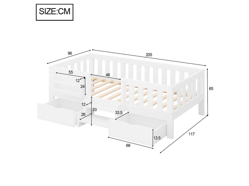  Lit enfant 90 x 200 cm avec barrières de sécurité, 2 tiroirs, bibliothèque, escalier 2 marches et sommier à lattes, bois et mdf, blanc OMNIGLINT TRADING LTD - Conforama D