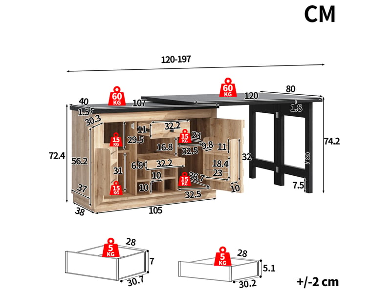  Desserte de cuisine pivotante, 2 portes, tiroir et casier à vin amovible, mdf, bois, 120–197 × 40 × 74,2 cm  - Conforama D