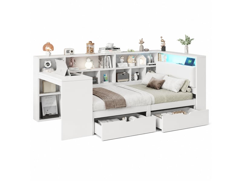 Lit 1 place 90x200 cm en l avec bureau, bibliothèque, tiroirs et éclairage led blanc - Conforama A