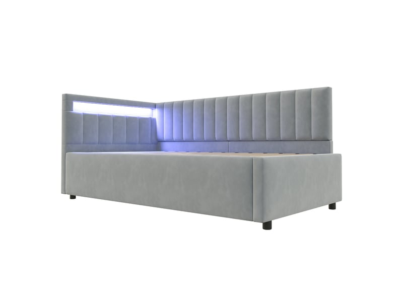  Lit banquette 1 place en velours gris avec coffre hydraulique, led et dossier réversible, 90x200 cm, sans matelas  - Conforama E