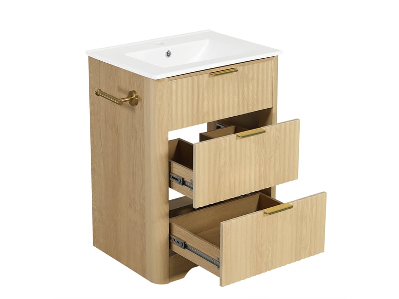  Meuble vasque bois naturel 61 cm avec lavabo céramique, tiroirs et poignées dorées  - Conforama E