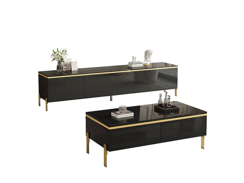  Ensemble meuble tv et table basse noir brillant avec pieds en métal doré et rangements  - Conforama A