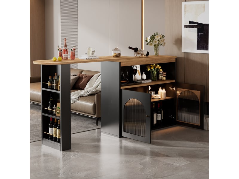  Table de bar extensible 138-193 x 39 x 105 cm, pivotante à 360°, rangement 3 niveaux et éclairage led, noir  - Conforama D