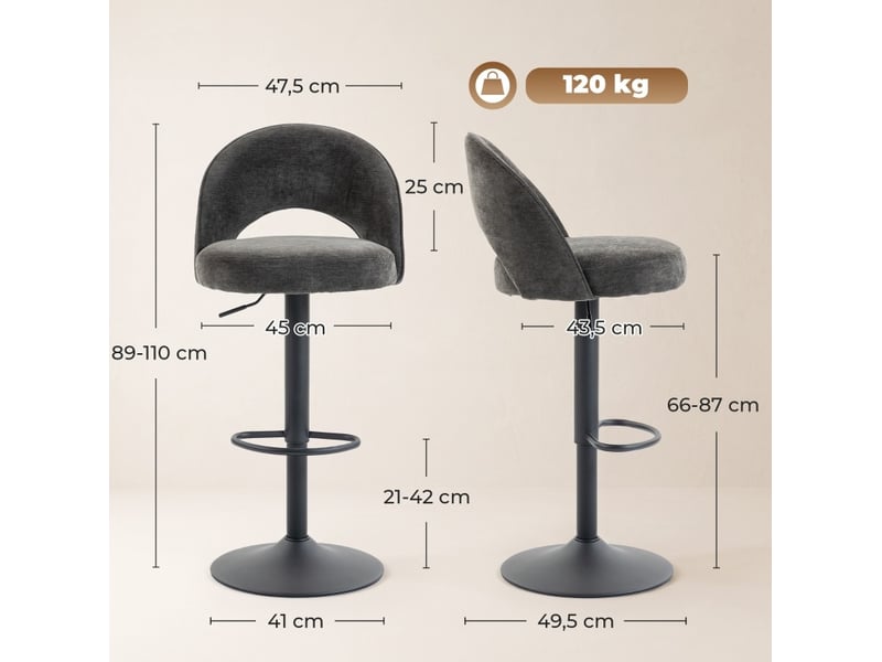  Lot de 2 tabourets de bar réglables et pivotants en tissu gris foncé, avec dossier et repose-pieds  - Conforama C
