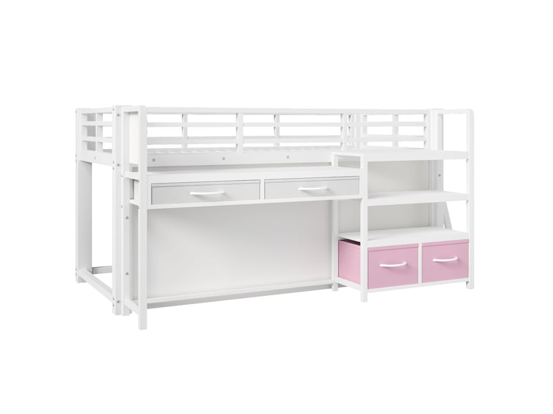 Lit mezzanine enfant 90x200 cm – blanc – bureau, étagères, tiroirs en tissu, led multicolore - sans matelas - Conforama D