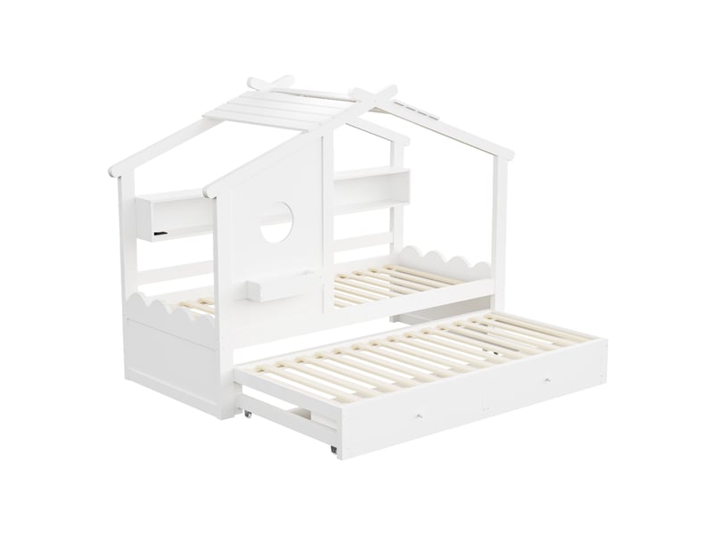 Lit enfant 90x200 avec tiroirs et lit gigogne 90x190, design maison, led, ports usb et type-c, blanc - Conforama B