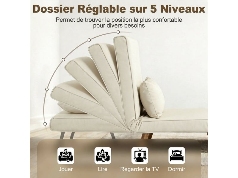 Fauteuil chauffeuse convertible 3 en 1 lit fauteuil lit 1 place dossier 5 positions en tissu avec coussin, crème - Conforama E