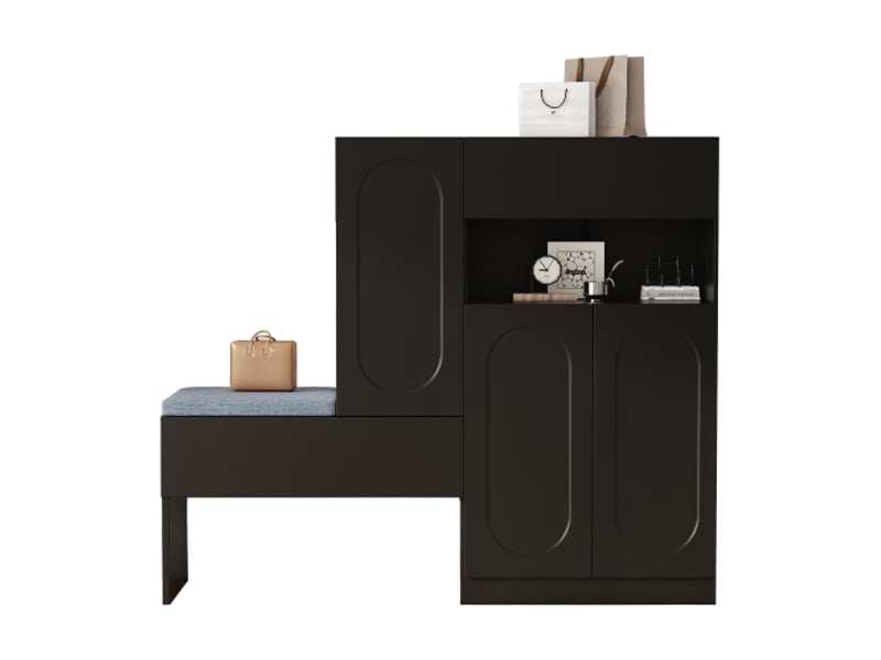  Meuble chaussures 2 en 1 noir 130x35x110cm - portes incurves fermeture douce, compartiments rglables et banc re meuble a chaussure  - Conforama A