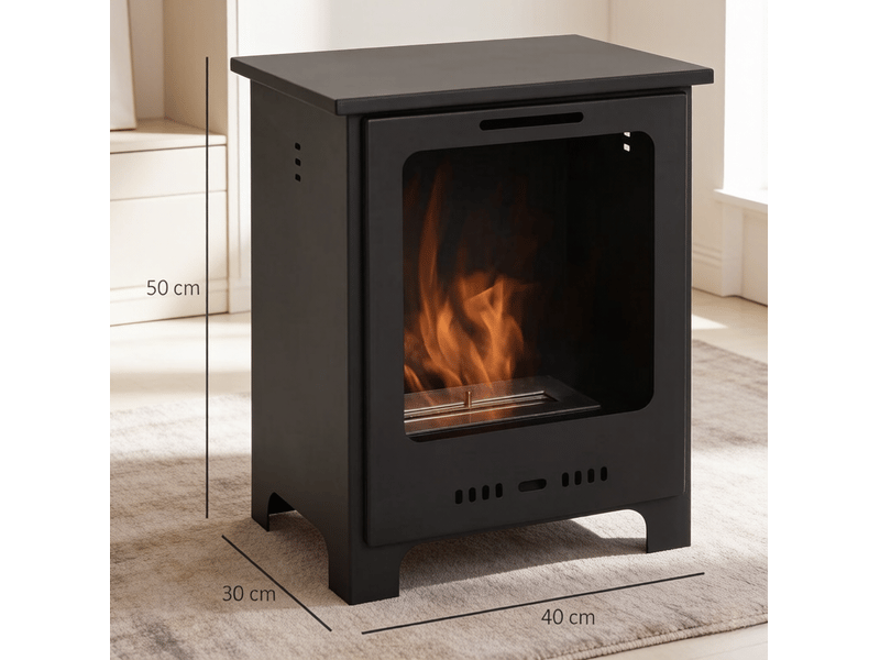  Cheminée au bioéthanol 40x30x50 cm noire en métal, sur pied avec brûleur inox 0,9 l, chauffe 20 à 25 m²  - Conforama C