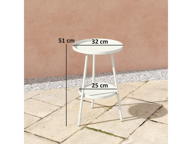 Table de jardin ronde à 2 niveaux avec rebords surélevés et plateau inférieur, pour une utilisation intérieure et extérieure, ø 32 x 51 cm, blanche - Conforama E