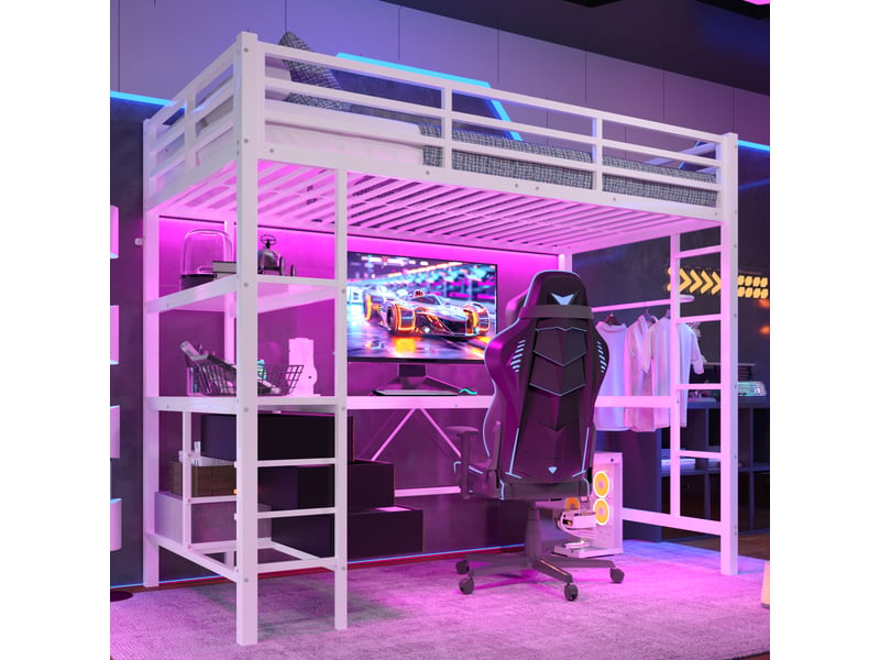  Lit mezzanine 90x200 cm avec bureau, 3 tiroirs, étagères, prise et usb, led, escalier, métal et mdf, blanc OMNIGLINT TRADING LTD - Conforama D