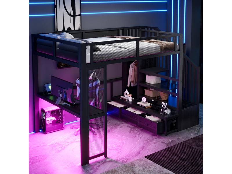  Lit mezzanine 140x200 cm avec bureau, espace de rangement, led et port usb, escalier, mdf et métal, noir sans matelas  - Conforama D