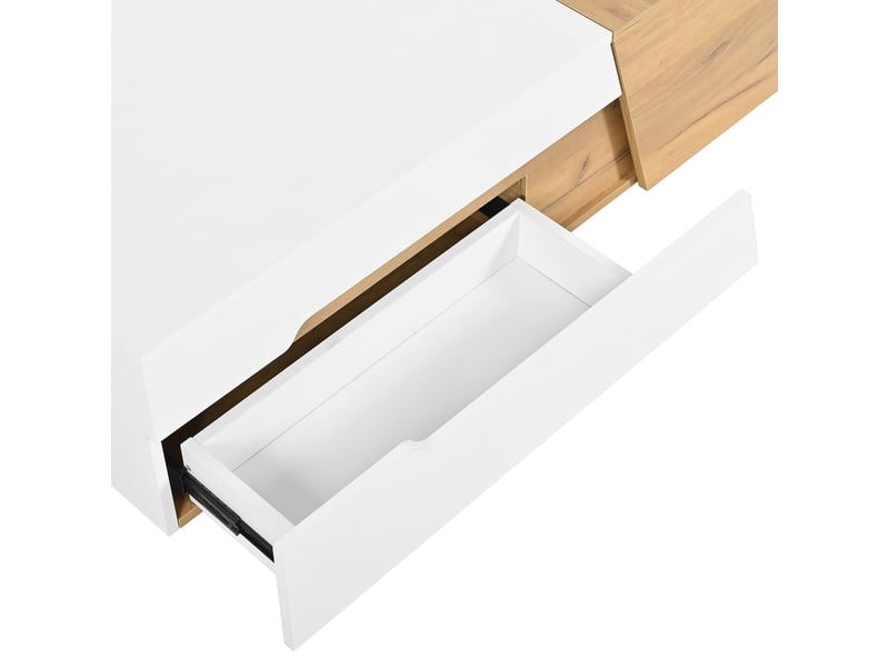  Table basse coulissante avec 2 tiroirs et rangement, blanc et bois, 120 x 50 x 37,5 cm Fay Lum - Conforama E