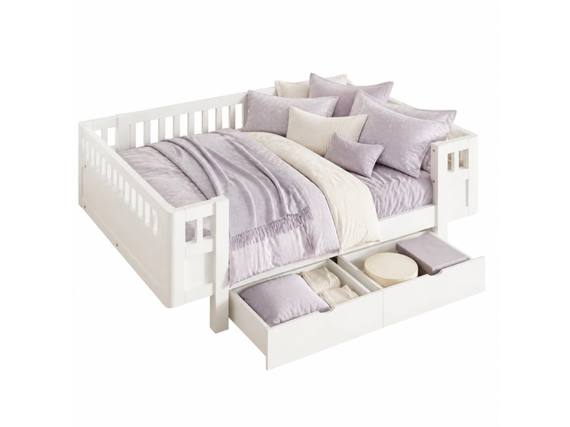 Lit plateforme enfant 140 x 200 cm, barrières hautes, 2 tiroirs, blanc  - Conforama A