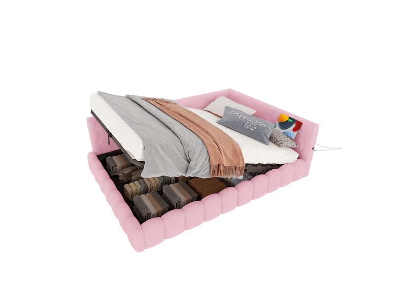 Lit de jour 140x200 cm rose avec led, ports usb-c, coffre hydraulique et sommier à lattes - Conforama D