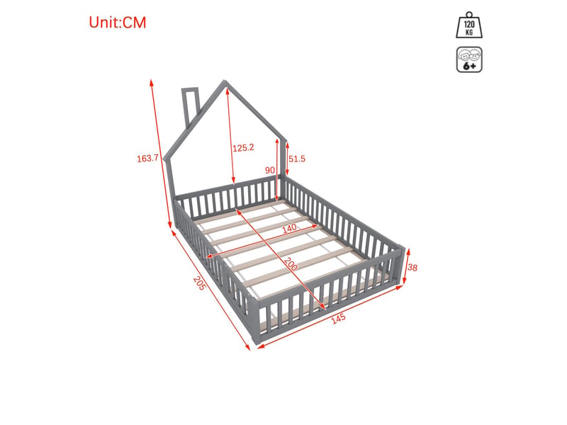  Lit cabane enfant 140x200 - pin massif gris - lit enfant - design maison avec cheminée, barrière sécurité et sommier  - Conforama C