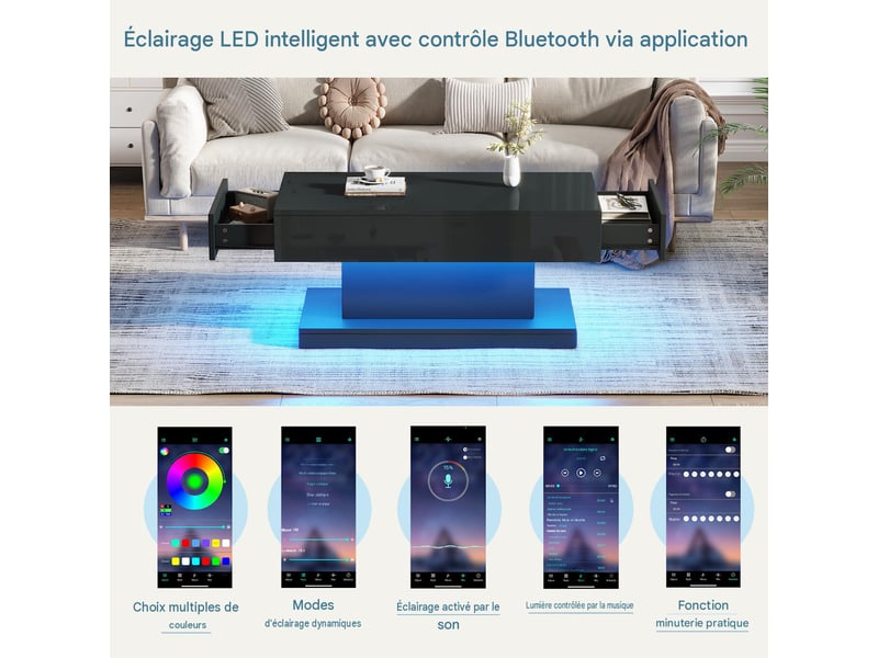  Table basse avec 2 tiroirs et led en panneau de particules noir 100x50x45 cm - pangivo  - Conforama E