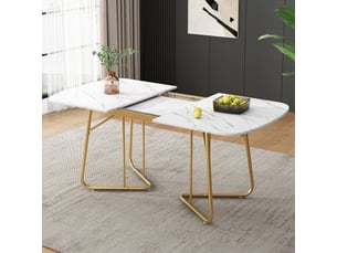 Table extensible effet marbre blanc, pieds dorés 140-180 x 80 cm