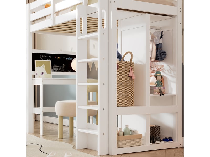  Lit mezzanine enfant 90x200 cm avec bureau, armoire ouverte et étagères, lit en bois avec barrière de sécurité et rangement - blanc (sans matelas)  - Conforama D