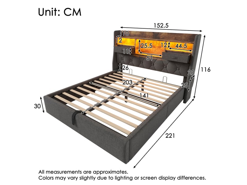  Lit coffre 140 × 200 cm 2 places avec led réglable, usb, type-c, rangement hydraulique et matelas inclus, en lin gris  - Conforama D