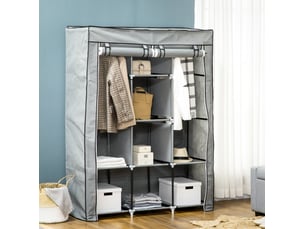 Armoire en tissu 125x43x162,5 cm avec 2 barres et 8 niveaux de rangement métal gris clair