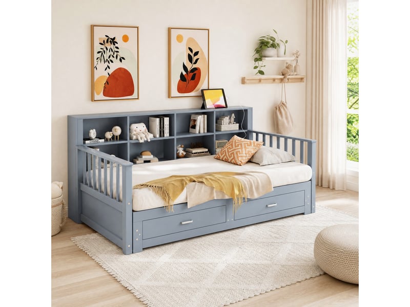 Banquette-lit extensible 90180 x 190 cm gris avec rangement, prise et 2 tiroirs - Conforama D