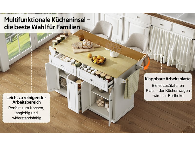 Desserte de cuisine mobile 121 x 49 à 69 x 89 cm avec plateau rabattable, rangements et roulettes verrouillables - Conforama D