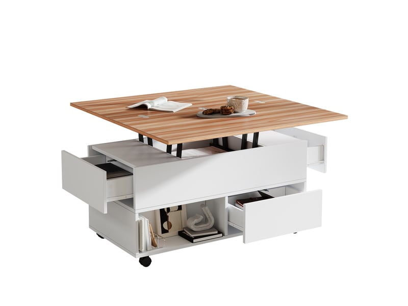  Table basse relevable à roulettes 100 x 50 x 52 cm blanc + couleur bois  - Conforama A