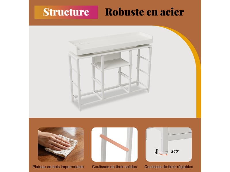  Commode 8 tiroirs avec led et prises - 108 x 30 x 82 cm-blanc - meuble de rangement avec station de charge et étagère ouverte  - Conforama D