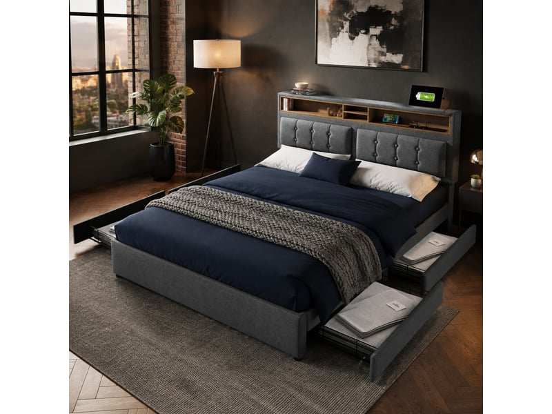  Lit double avec 4 tiroirs et prises usbtype-c gris 140 x 200 cm  - Conforama C