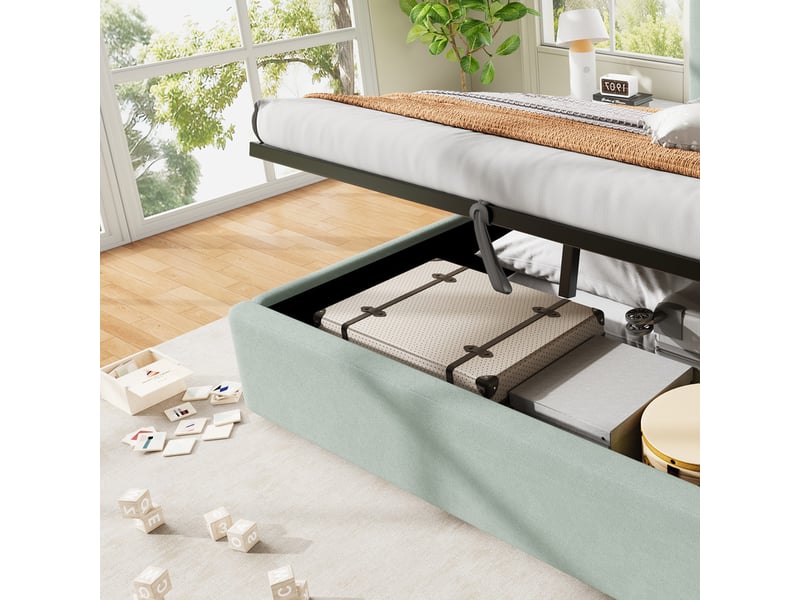 Lit rembourré 140 x 200cm, avec mécanisme hydraulique et coffre de rangement, tête de lit arrondie en velours, vert clair - Conforama E