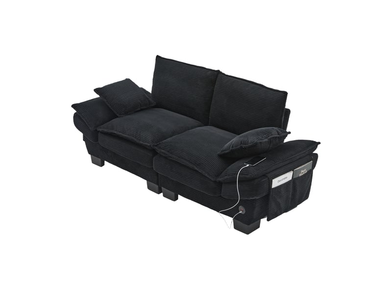  Canapé modulaire 2 places 190x73x84 cm en velours côtelé noir avec port usb-c, assise large et poches latérales  - Conforama A