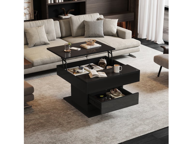  Table basse relevable 70 x 70 x 45-59 cm 360° tiroir rangement caché laqué brillant panneau de particules noir  - Conforama R