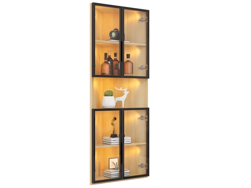  Vitrine d'angle led 62x32x160 cm, chêne, mdf et verre trempé, avec éclairage intégré, rangement collection  - Conforama D