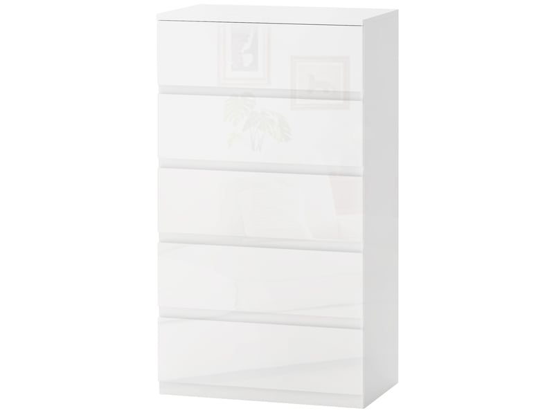  Commode moderne en bois à 5 tiroirs, anti-basculement, 55 x 33 x 100 cm, blanc brillant  - Conforama B