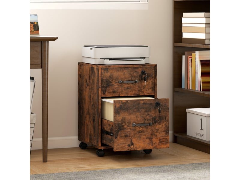 Caisson bureau mobile à 2 tiroirs, meuble rangement bureau sur roulettes pour documents suspendus format lettre, marron  - Conforama C