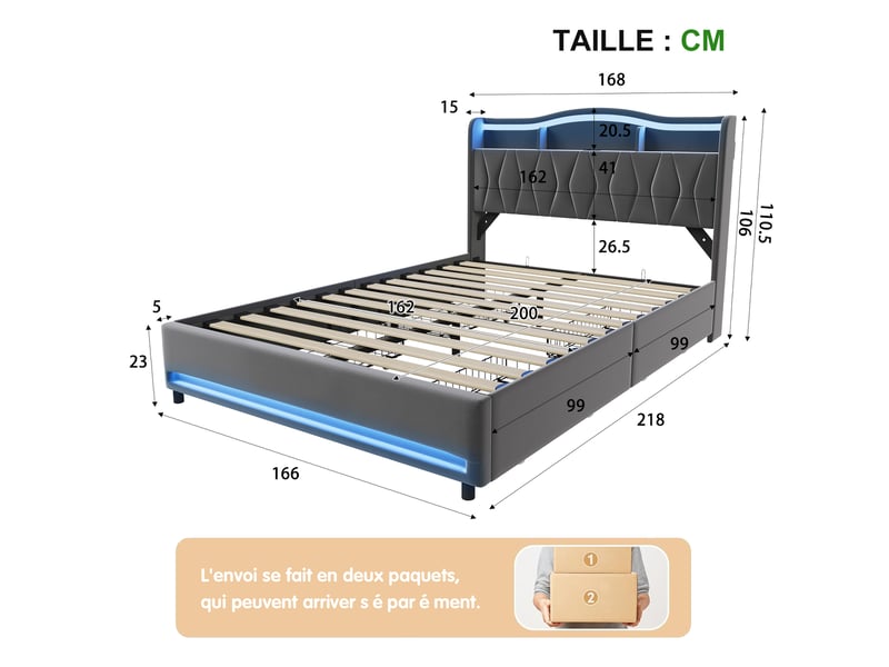  Lit 160x200 cm en tissu polaire gris, tête de lit avec rangement, ports de recharge usb‑c, éclairage led rgb, 4 tiroirs de rangement, sommier à lattes inclus  - Conforama E