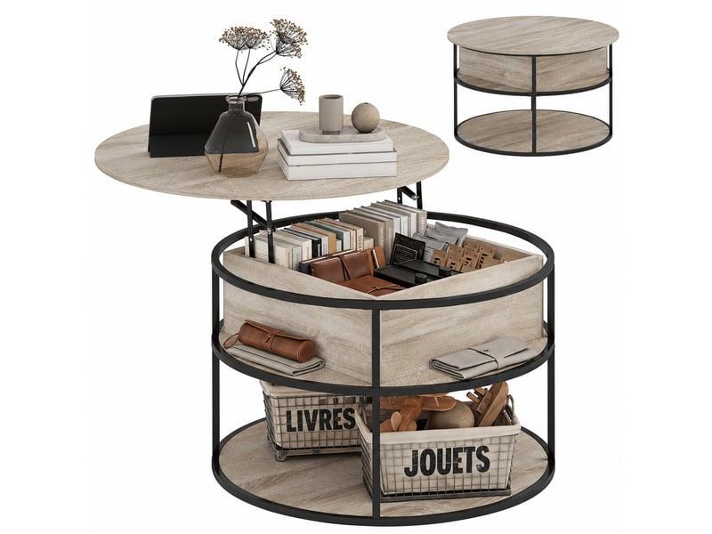  Table basse ronde à plateau relevable, coffre et étagères, structure acier, décor chêne et noir, ø 80 cm  - Conforama A